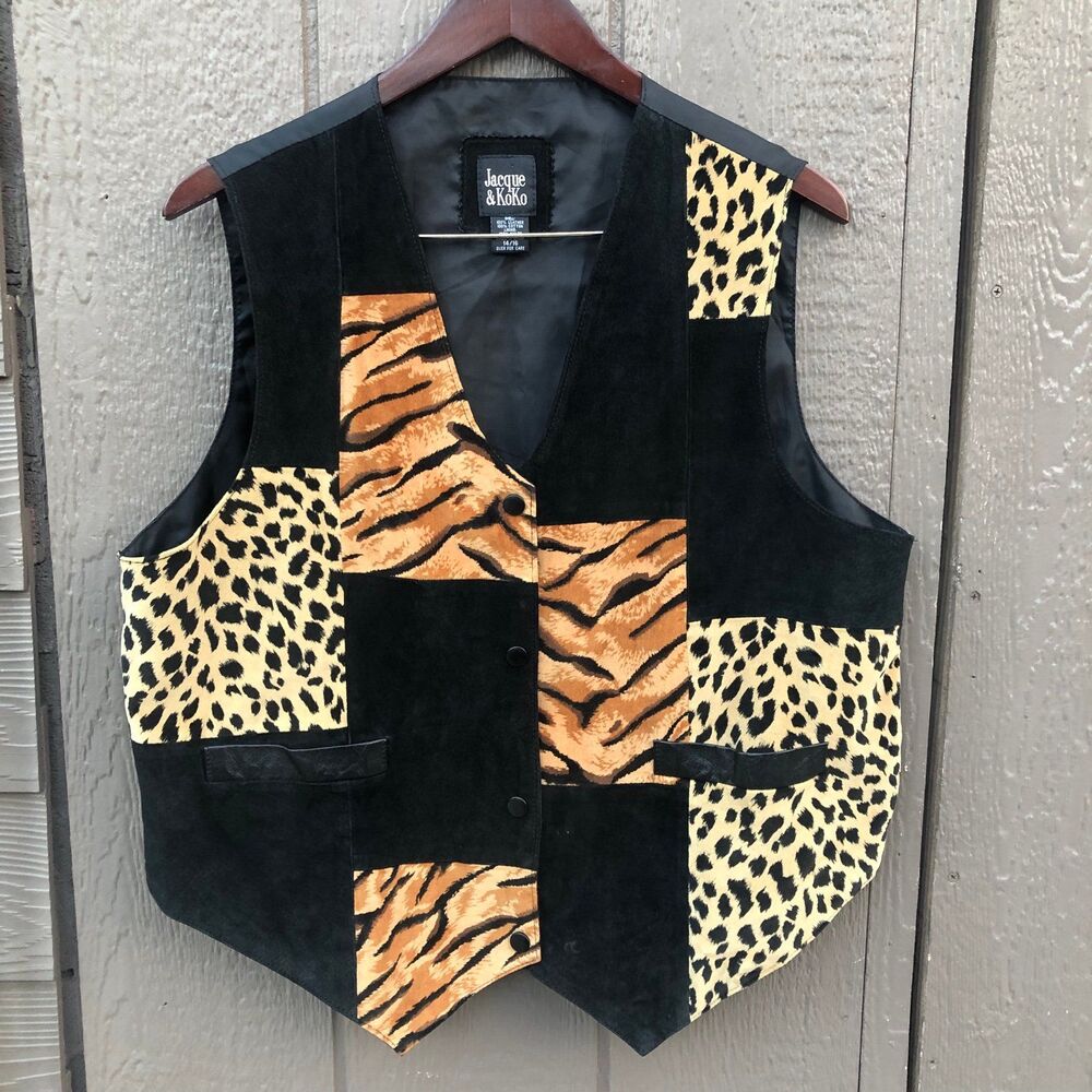 VTG Jacque & Koko Leather patchwork Animal Print Vest Size 14/16 Tiger Leopard